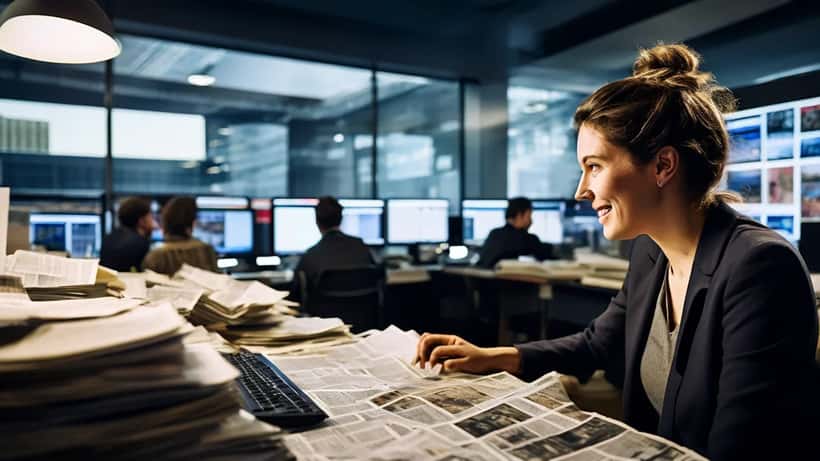 Journalistin vor einem Computerbildschirm im Wiener Redaktionsbüro mit Zeitungsstapeln im Hintergrund