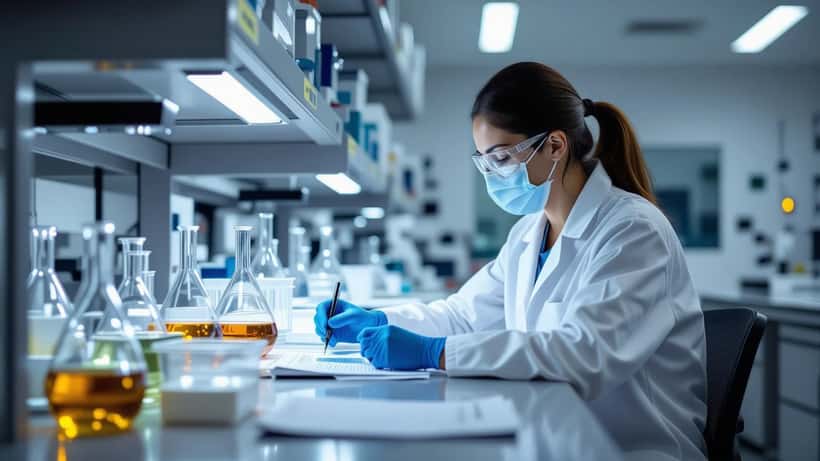 Médica infecciologista em hospital de Lisboa analisando resultados laboratoriais de doença bacteriana importada