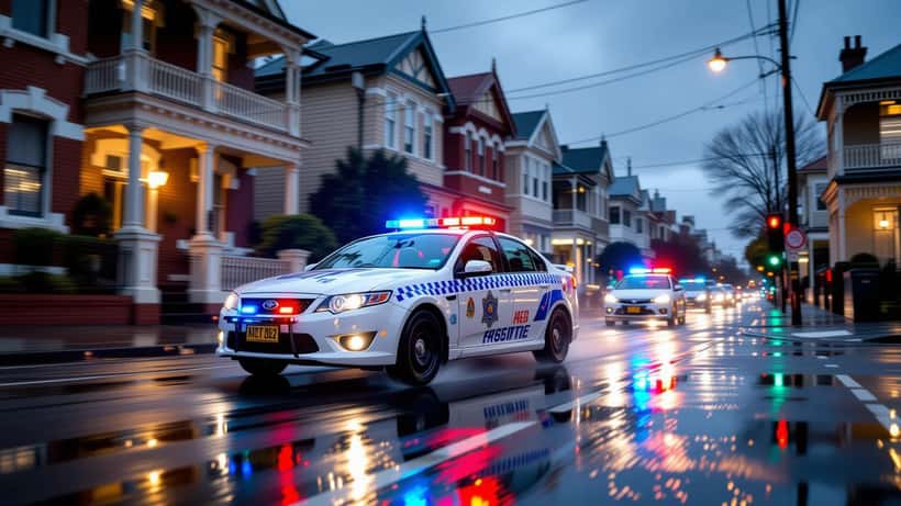 NSW Police marked patrol car with emergency lights activated responding to incident at night in inner-Sydney