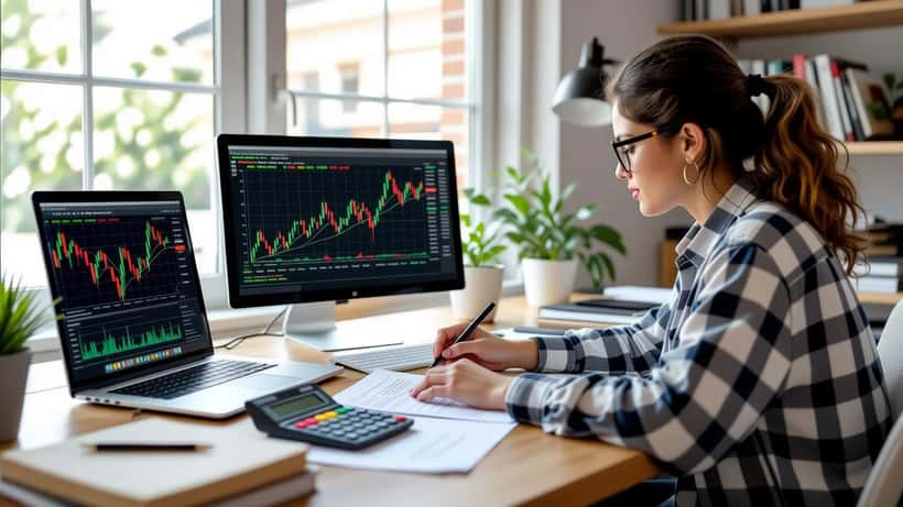A maths tutor and student calculating a stock index divisor beside a laptop showing a Dow Jones chart