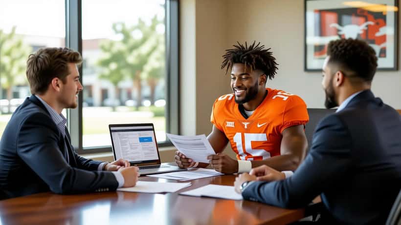 College football player reviewing revenue-sharing contract documents with financial advisor at university conference table