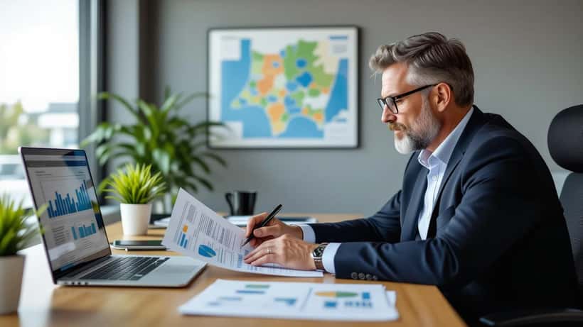 Financieel adviseur bekijkt provinciale budgetdocumenten in kantoor in Lelystad, Flevoland