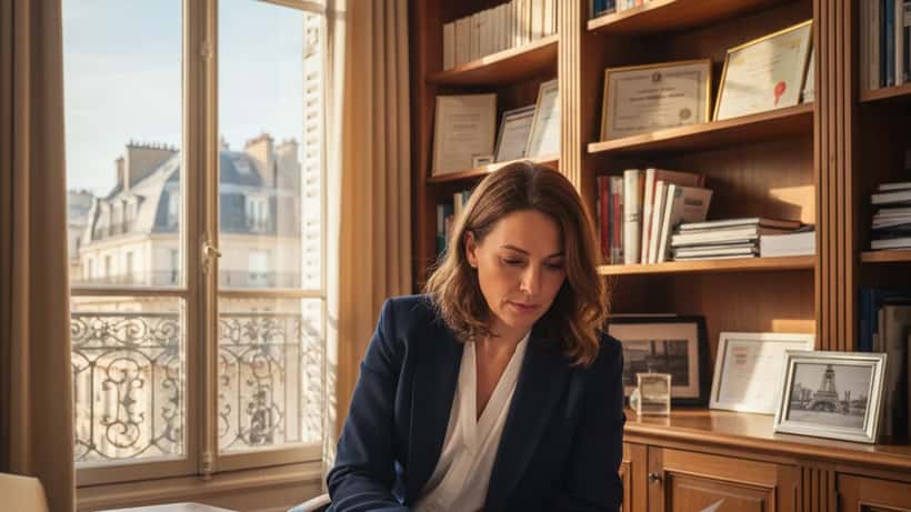 Conseillère en gestion de patrimoine présentant des documents sur l'épargne salariale dans un bureau parisien