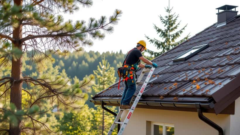 Hausbesitzer inspiziert Dachrinne am Waldrand in Brandenburg