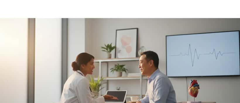 GP doctor having a reassuring consultation with a patient in a modern UK clinic