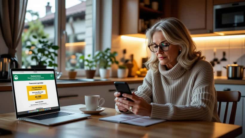 Femme alarmée regardant un faux SMS EuroMillions My Million sur son smartphone, site phishing FDJ visible en arrière-plan