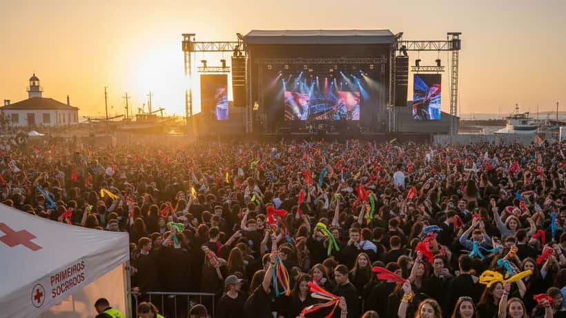 Jovens estudantes universitários portugueses em festival académico noturno em Matosinhos