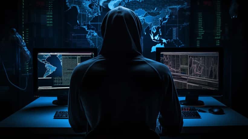 Hacker travaillant sur un ordinateur dans une pièce sombre illustrant la cybercriminalité