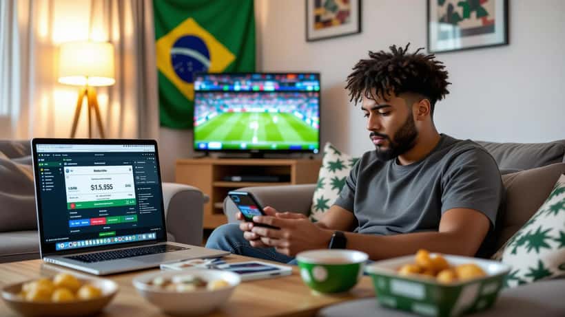 Homem preocupado com celular mostrando apostas esportivas enquanto assiste transmissão da Copa 2026