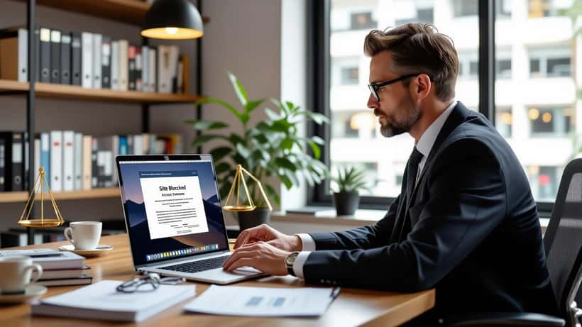 Australian lawyer reviewing copyright infringement notice beside a blocked streaming site on laptop in Sydney law office