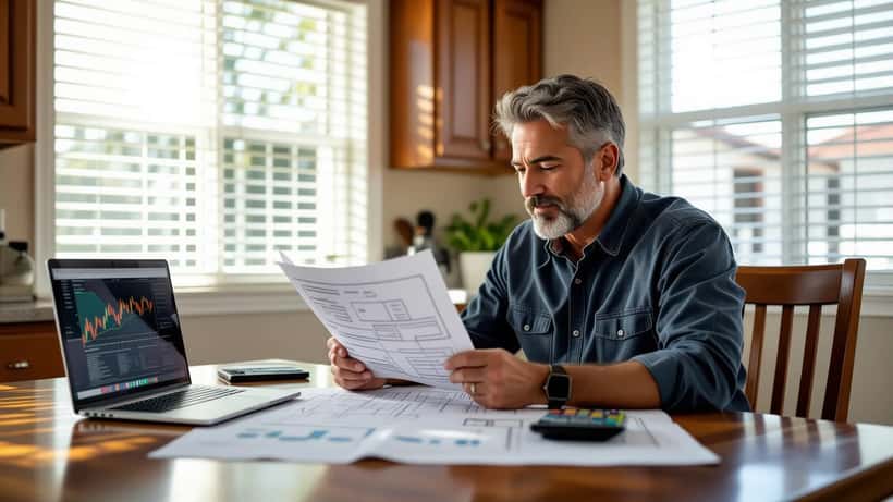 Propietario hispano revisando planos de renovación con laptop mostrando gráfica del S&P 500 y calculadora en mesa, Los Ángeles 2026