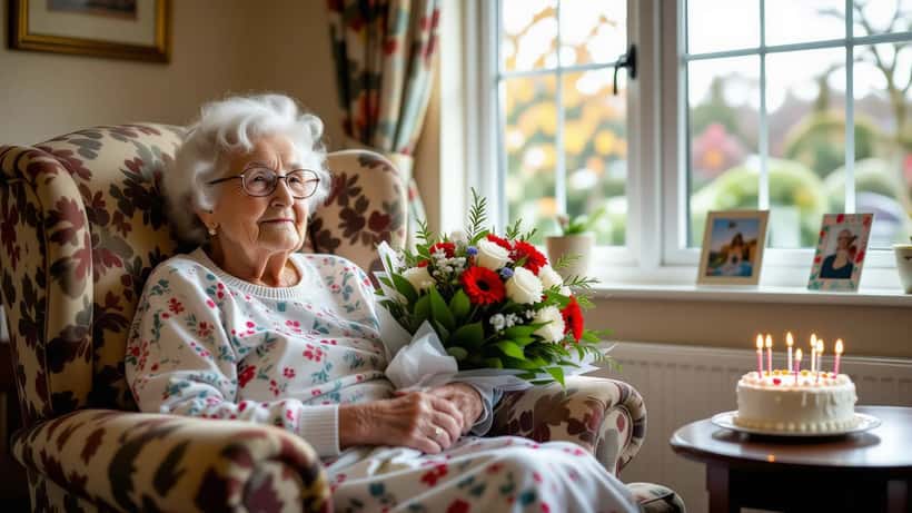 Elderly British woman seated in a care home armchair surrounded by birthday flowers and cards, celebrating her 117th birthday