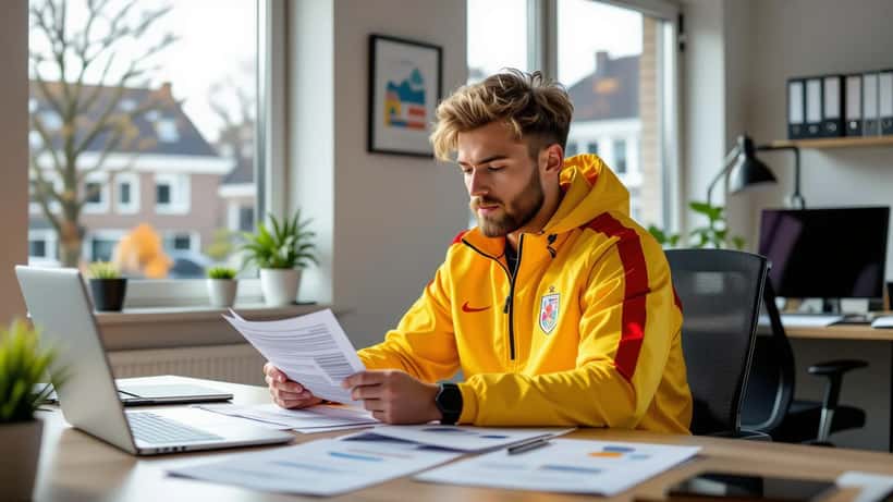 Jonge buitenlandse profvoetballer bespreekt belastingdocumenten met een financieel adviseur in Nederland