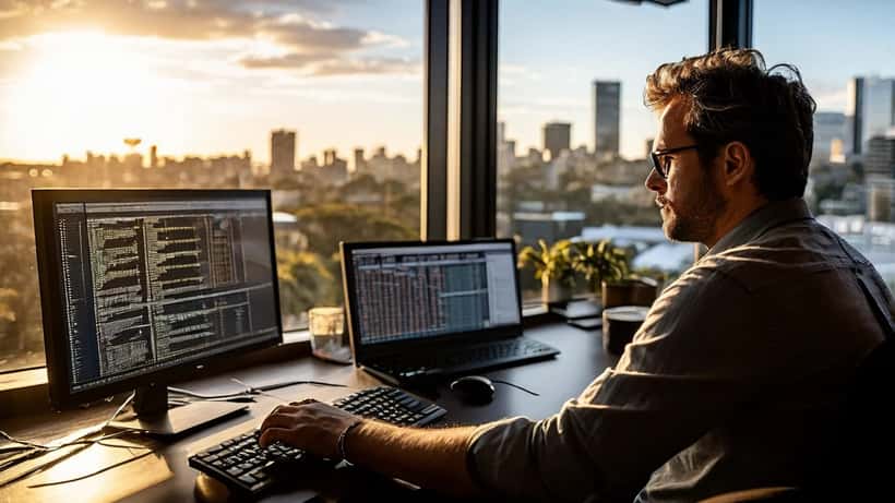 IT consultant reviewing AI model output on dual monitors in a Sydney office with city skyline visible