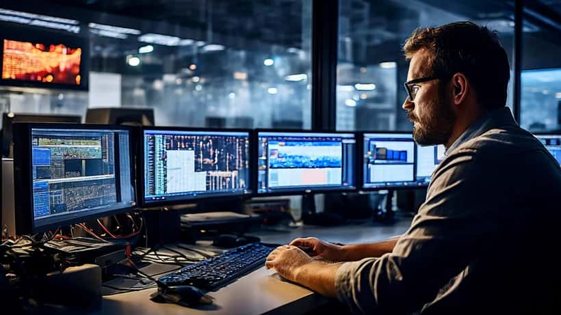 IT security professional monitoring network alerts on multiple screens in a Sydney office