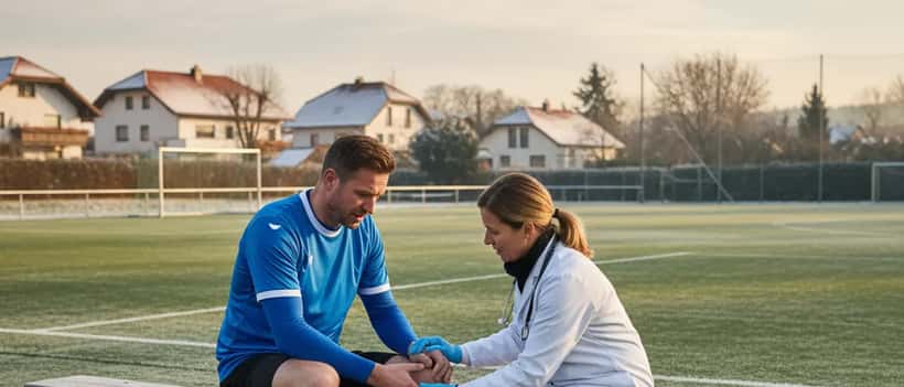 Deutscher Hobbyfußballer auf Amateurplatz bei sportärztlicher Untersuchung am Knie