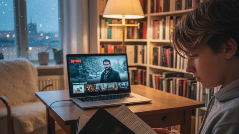 Svensk tonåring läser kriminalroman med Netflix-serie i bakgrunden, mysigt Stockholmsrum