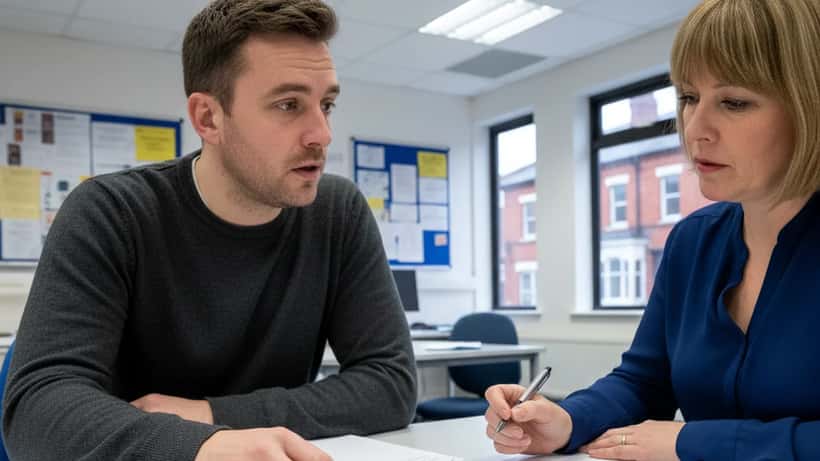 Man receiving welfare rights advice at a UK community advice centre regarding Universal Credit 2026