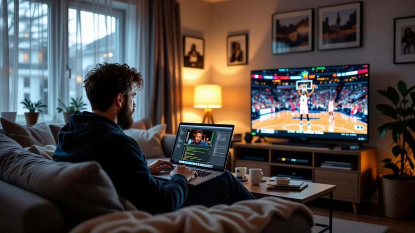 UK fan watching NBA playoffs with fantasy sports stats on laptop