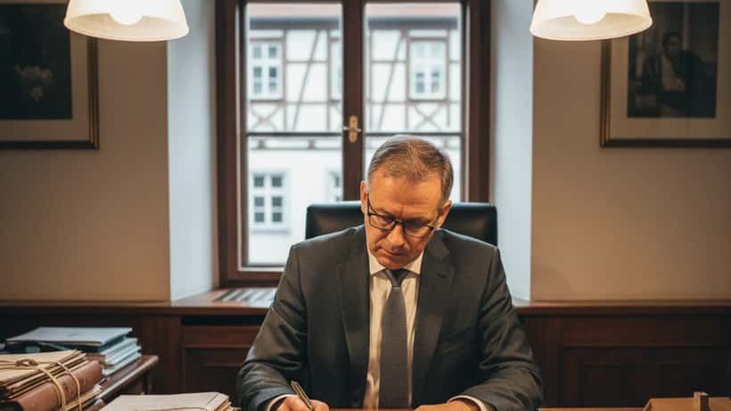 Deutscher Erbrechtsanwalt prüft Testament in einem Münchner Notarbüro