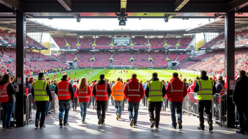 Football stadium turnstiles with stewards and fans arriving for Birmingham vs Huddersfield 2026 Championship match