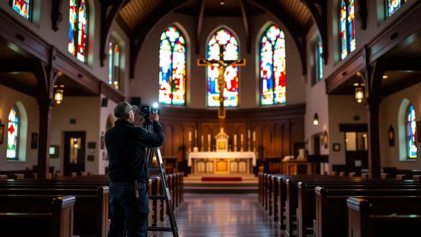 Inspecteur vérifiant les ancrages d'un grand crucifix au-dessus de l'autel d'une église