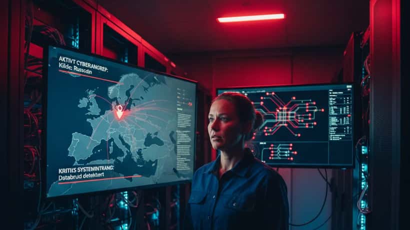 IT-sikkerhetsanalytiker i norsk serverrom med trusselvarsel på skjermer