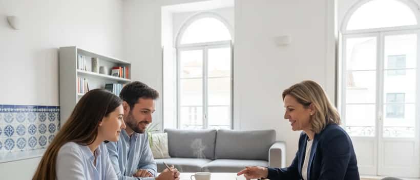 Consultor financeiro português a ajudar família a gerir orçamento com subida dos combustíveis