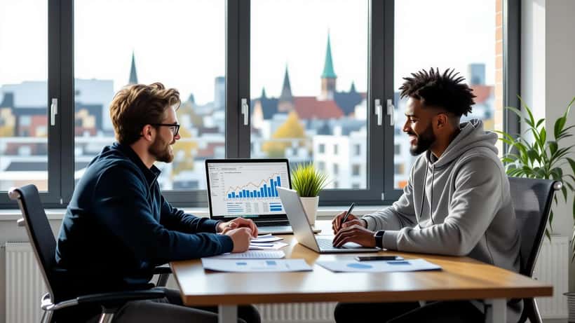 Formuesrådgiver og ung idrettsutøver diskuterer investeringsstrategi på et kontor i Oslo