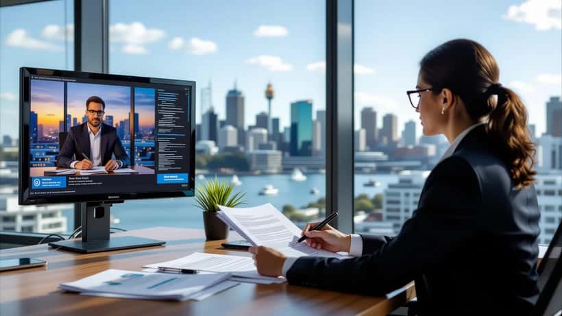 Sydney professional reviewing television talent employment contract with news broadcast on screen in background