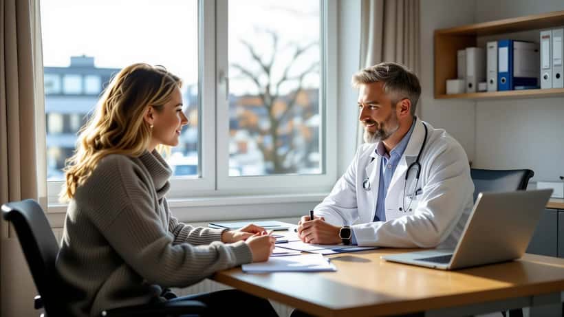 Lääkärikonsultaatio klinikalla rintojenpienennysleikkauksen harkintaan