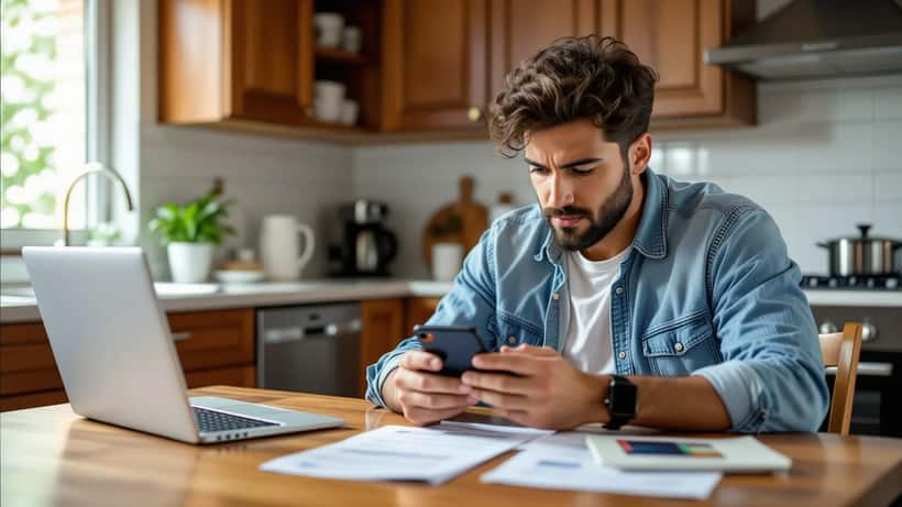 Consumidor hispano revisando cargo inesperado de Sling TV en su cuenta bancaria