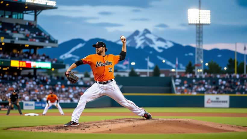 Max Meyer Miami Marlins pitcher winding up on the mound at Coors Field in Denver, July 2026