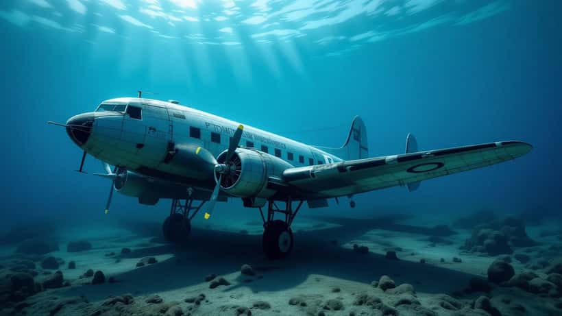 Sonar-lit wreckage of a sunken Pan Am DC-4 airliner on the Atlantic Ocean floor