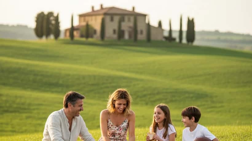 Famiglia italiana a picnic in collina durante Pasquetta 2026 in Toscana