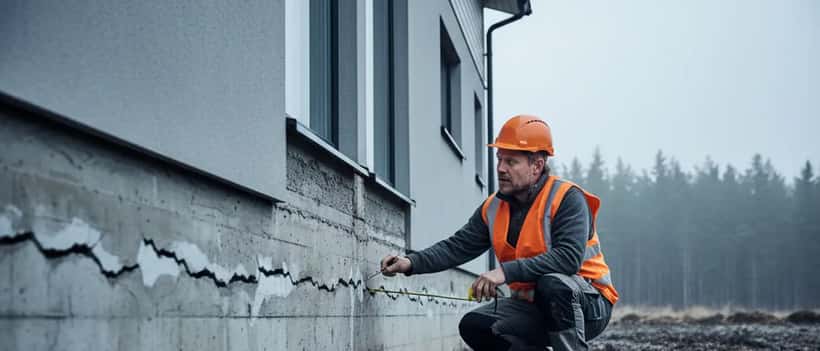 Svensk byggarbetare i orange väst inspekterar sprickor i husgrund efter jordskred, nordisk mulen dag