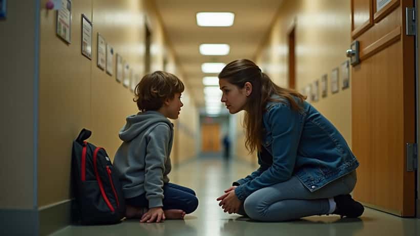Schulpsychologin spricht mit einem verängstigten Kind in einem Schulkorridor in Österreich