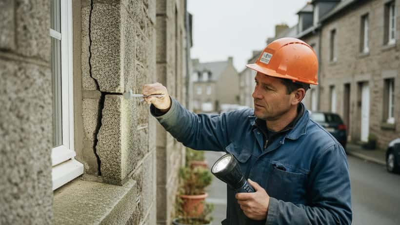 Artisan examinant une fissure dans un mur en pierre bretonne après un tremblement de terre