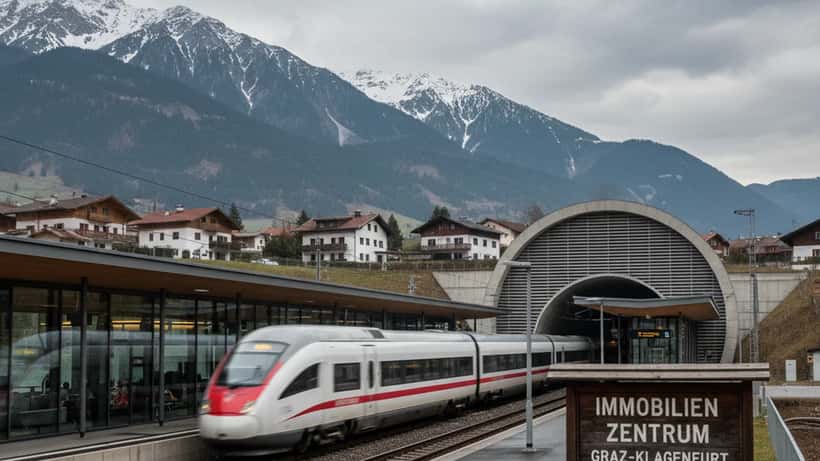 Hochgeschwindigkeitszug an einem modernen Bahnhof in den österreichischen Alpen
