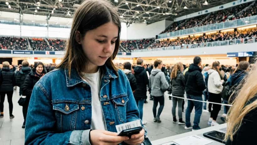 Kvinde holder koncertbilletter og smartphone ved en billet-skranke