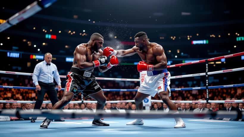 Heavyweight boxers trading punches in a London arena ring as the referee steps in