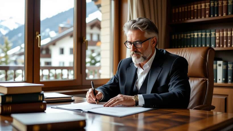 Notaire examinant des documents de succession immobilière sur un bureau, acte foncier et testament en Suisse