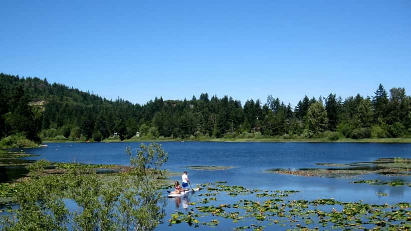 Paddleboard sur un lac de montagne en été au Canada, eau calme et ciel bleu