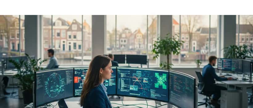 Nederlandse IT-beveiligingsspecialist werkt aan beveiligingsdashboards op meerdere monitoren in een professioneel kantoor