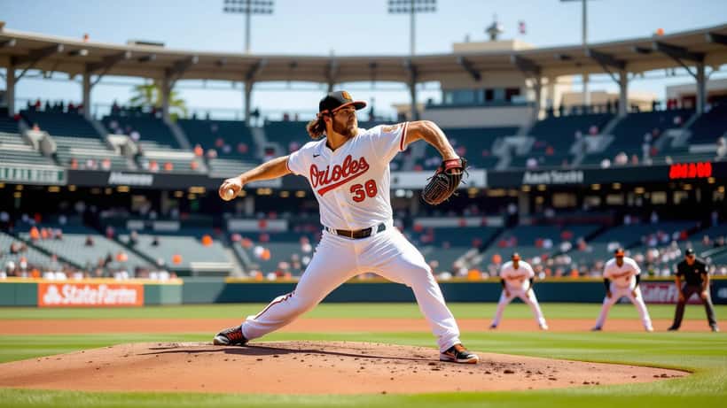 Baltimore Orioles pitcher winding up on the mound at Angel Stadium in Anaheim