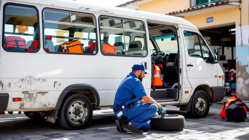 Mecânico a verificar pneu de minibus de clube desportivo antes de amistoso de pré-temporada em Lisboa