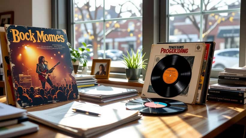 Vinyl record and rock concert poster beside estate documents on a lawyer's desk