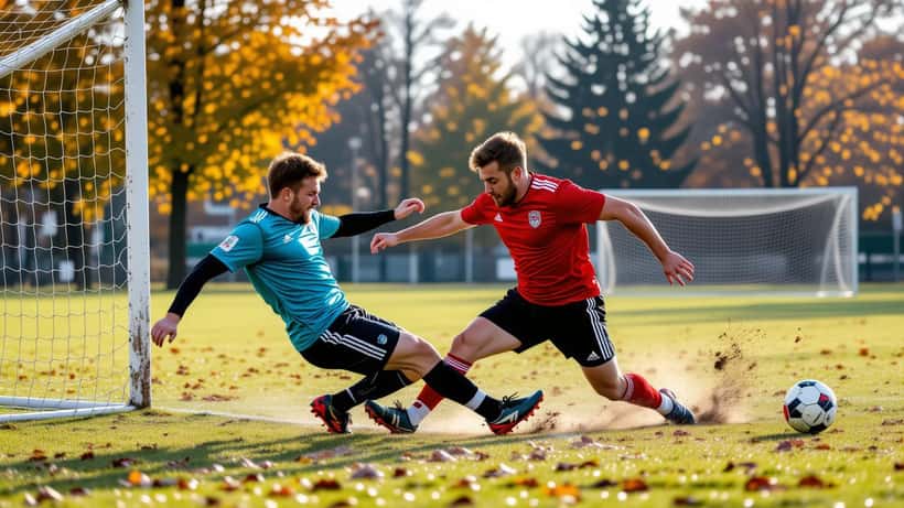 Zwei Amateurfußballer im Zweikampf auf einem Bolzplatz in Deutschland, Nations League 2026