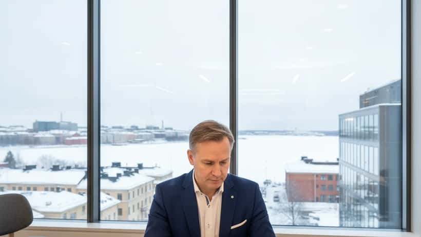 Suomalainen varainhoitaja tarkastelee sijoitusdokumentteja modernissa toimistossa Helsingissä