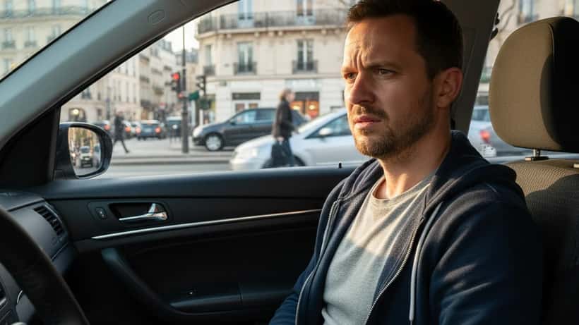 Élève d'auto-école nerveux dans le siège passager d'une voiture-école en banlieue parisienne